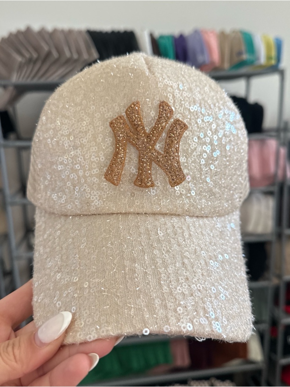Sequin Embellished New York Logo Baseball Cap - Cream - Picture 4 of 4